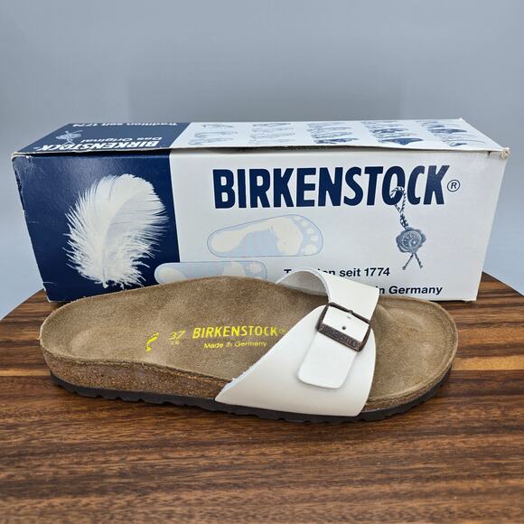 Birkenstock Madrid Sandals Women 6 37 Pearl White Metallic Leather Buckle Slides